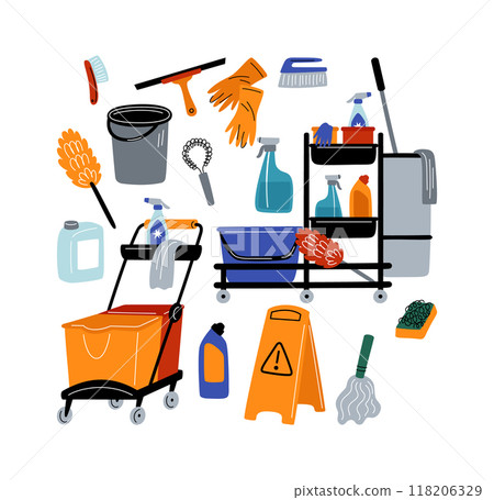 Cartoon cleaning service equipment. Professional housekeeper accessories. Cleaner detergent. Hygiene tools and chemicals. Mop with bucket. Dust wiping. Cleanup staff. Garish vector set Cartoon cleaning service equipment. Professional housekeeper accessories. Cleaner detergent. Hygiene tools and chemicals. Mop with bucket. Dust wiping. Cleanup staff. Garish vector set 118206329