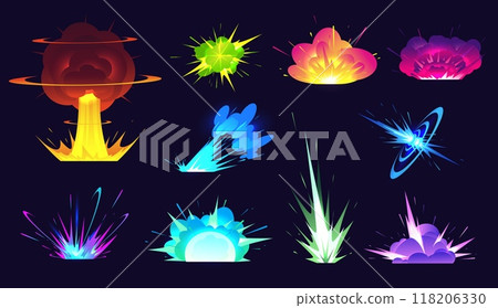 Cartoon colorful magic explosions. Bomb boom effect. Power blasts with smoke clouds and fire flame flashes. Game comic detonators. Explosive attack. Fiery animation elements vector set 118206330