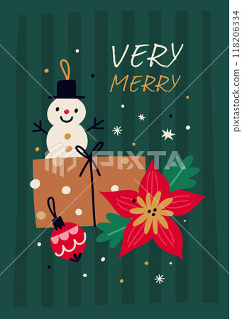 Christmas greeting card. Merry Xmas celebration poster. New year gifts. Holiday tree toy ball. Traditional present box. Winter snowflake. Snowman and poinsettia. Vector postcard design Christmas greeting card. Merry Xmas celebration poster. New year gifts. Holiday tree toy ball. Traditional present box. Winter snowflake. Snowman and poinsettia. Vector postcard design 118206334