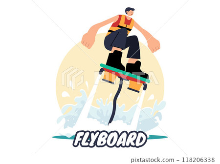 Flyboard Vector Illustration featuring People Riding a Jet Pack during Summer Beach Vacations in a Flat Style Extreme Water Sports Cartoon Background 118206338