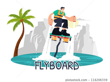 Flyboard Vector Illustration featuring People Riding a Jet Pack during Summer Beach Vacations in a Flat Style Extreme Water Sports Cartoon Background 118206339