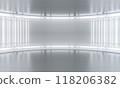 Minimalistic abstract white background stage. Neon light from lamps on walls of circular room. 3d illustration 118206382