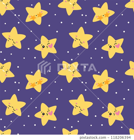 Kawaii stars seamless pattern. Repeated starry print. Smiling cartoon little characters. Kids funny mascots. Happy emotions. Cute mascots. Joyful faces. Love kiss. Garish vector background Kawaii stars seamless pattern. Repeated starry print. Smiling cartoon little characters. Kids funny mascots. Happy emotions. Cute mascots. Joyful faces. Love kiss. Garish vector background 118206394