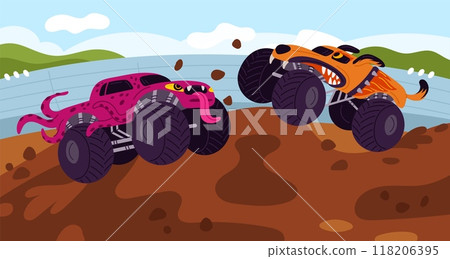 Monster trucks show. Extreme overcoming of obstacles. Battle of aggressively painted jeeps. Large SUV competitions. Speed drive. Vehicles in dirt. Transport rally. Garish vector concept 118206395