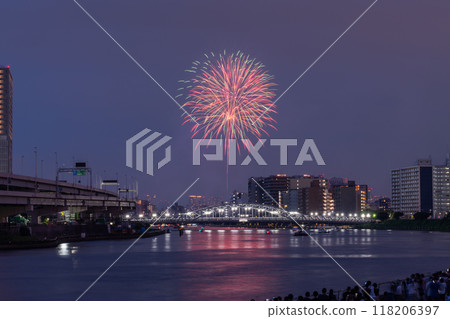 Tokyo: Sumida River Fireworks Festival, overlooking Shirahige Bridge Tokyo: Sumida River Fireworks Festival, overlooking Shirahige Bridge 118206397