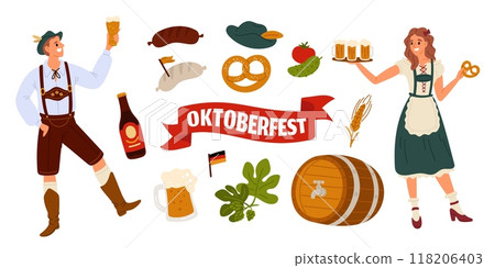 Oktoberfest people and beer holiday elements. Happy couple in Bavarian costumes. Smiling woman. Dancing man. Brezel and ale glass. Brewery barrel. Festival participants. Garish vector set 118206403