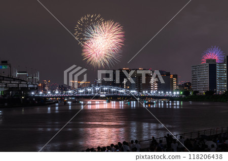 Tokyo: Sumida River Fireworks Festival, overlooking Shirahige Bridge 118206438