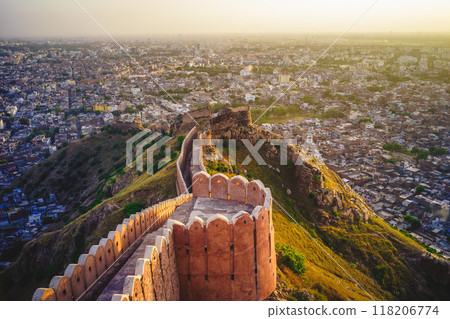 view of Jaipur, the capital of Rajasthan, over Nahargarh Fort in India 118206774