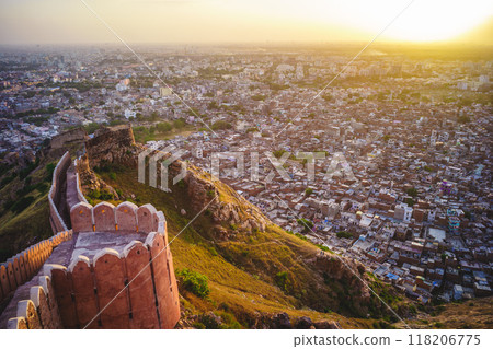 view of Jaipur, the capital of Rajasthan, over Nahargarh Fort in India 118206775