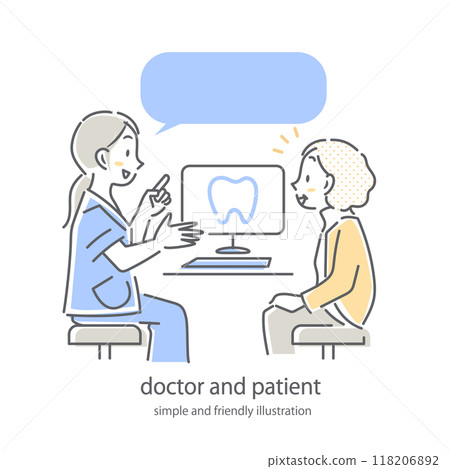 一位老年女性患者接受醫生解釋的簡單時尚的線條畫插圖 118206892