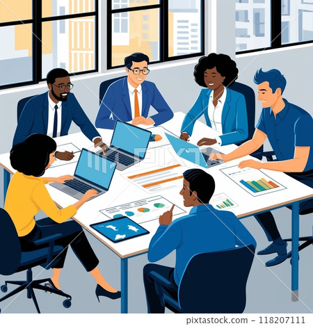 Modern office with diverse team working on project 118207111