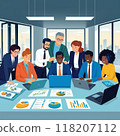 Modern office with diverse team working on project 118207112