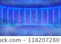 Dark blue abstract rounded room, illuminate neon lamps. Smoke and fog scene. 3d illustration 118207280