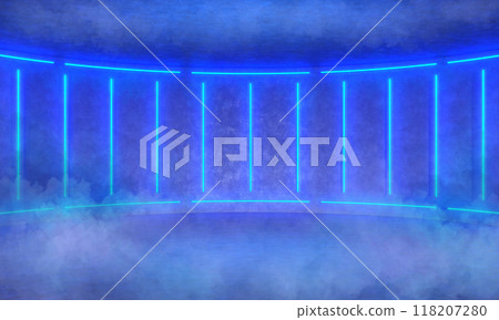 Dark blue abstract rounded room, illuminate neon lamps. Smoke and fog scene. 3d illustration Dark blue abstract rounded room, illuminate neon lamps. Smoke and fog scene. 3d illustration 118207280