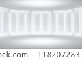 Minimalistic white background stage. Neon light from lamps on walls of circular room. 3d illustration 118207283