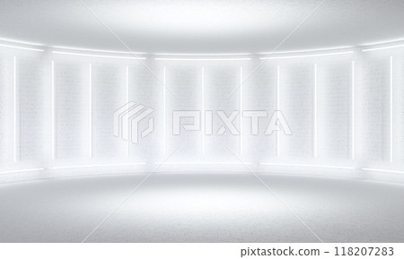 Minimalistic white background stage. Neon light from lamps on walls of circular room. 3d illustration Minimalistic white background stage. Neon light from lamps on walls of circular room. 3d illustration 118207283
