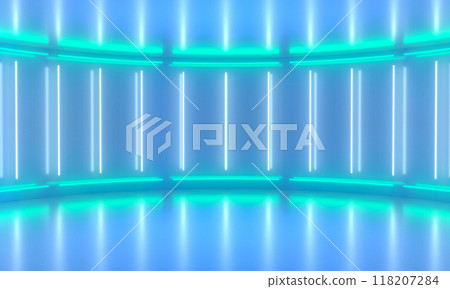 Abstract rounded room, illuminate neon lamps. Futuristic minimal scene. 3d illustration Abstract rounded room, illuminate neon lamps. Futuristic minimal scene. 3d illustration 118207284