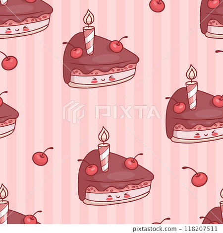 Seamless pattern with cute festive chocolate Piece of birthday cake with cherries and candle on striped pink background. Funny holiday kawaii cartoon character. Vector illustration. Kids collection. Seamless pattern with cute festive chocolate Piece of birthday cake with cherries and candle on striped pink background. Funny holiday kawaii cartoon character. Vector illustration. Kids collection. 118207511