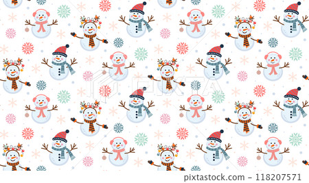 Cute snowmen and snowflakes seamless pattern. Colorful winter backdrop. Christmas print for textile, wrapping paper. Cute snowmen and snowflakes seamless pattern. Colorful winter backdrop. Christmas print for textile, wrapping paper. 118207571