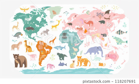 Illustration of a world map made in children's style. Each part of the world depicts animals characteristic Illustration of a world map made in children's style. Each part of the world depicts animals characteristic 118207691