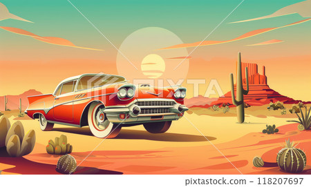 Illustration of an old retro car standing in the middle of the desert. The car is designed in the style of the 60s 118207697