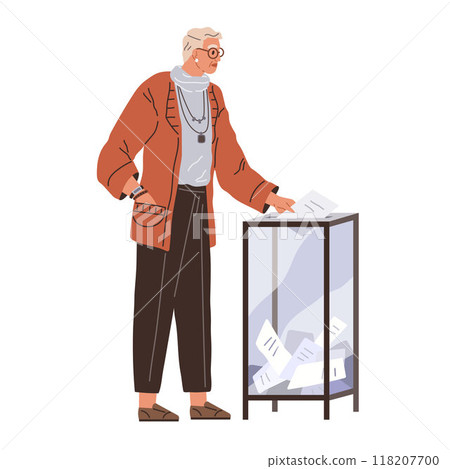 Old man throwing voting ballot for candidate in box during president or government election or referendum. Cartoon voter polling. Democracy and human opinion. Elderly man votes at polling station 118207700