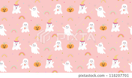 Cute pink ghosts, pumpkin and rainbow seamless pattern. Halloween baby characters. Magic scary spirits with different emotions. Vector cartoon illustration. 118207701