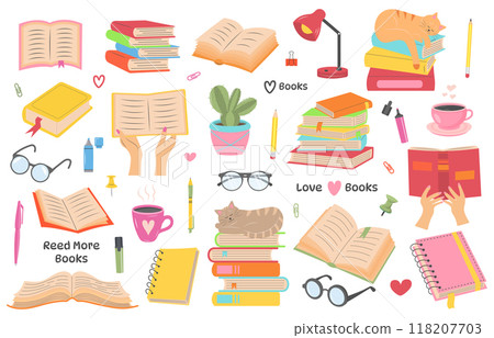 Set of different books and stationery. Stacks of books, textbooks, open books, planners, pens, pencils, glasses, mugs, cats and other. World book day. Literature, education, school concept. 118207703