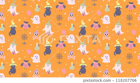 Cute pink ghosts, owl, cat, spider on web seamless pattern. Halloween baby characters. Magic scary spirits with different emotions. Vector cartoon illustration. Cute pink ghosts, owl, cat, spider on web seamless pattern. Halloween baby characters. Magic scary spirits with different emotions. Vector cartoon illustration. 118207706