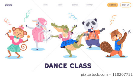 Animal music. Happy animals unite in festive atmosphere, turning zoo into lively event Join orchestra music festival monkey dancing, sheep dancing, crocodile dancing, panda singing, beaver clapping 118207731