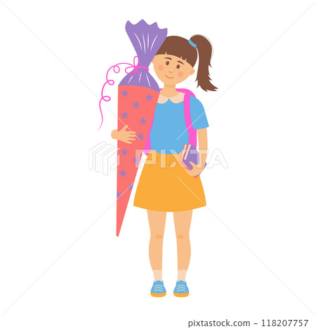 A first grader girl holding a school cone, schultute. Back to school. Happy preschooler with sweet cone. 118207757