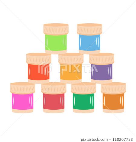 Colorful paint bottles. Dye pots, acrylic jars, gouache cans. Materials for drawing. Painting tools for art class. Supplies for artist. Vector illustration isolated on a white background. 118207758