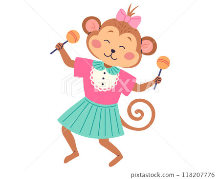 Animal music vector illustration. Creatures unite in joyful music band, transforming zoo into lively event with cheerful orchestra animals in enchanted music party. Monkey dancing with maracas Animal music vector illustration. Creatures unite in joyful music band, transforming zoo into lively event with cheerful orchestra animals in enchanted music party. Monkey dancing with maracas 118207776