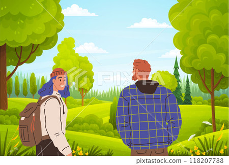 Happy people spending leisure time in green tree park. Family, friends walking at adorable garden. Young couple walking together in park. Smiling man and woman enjoy romantic date in summer forest 118207788