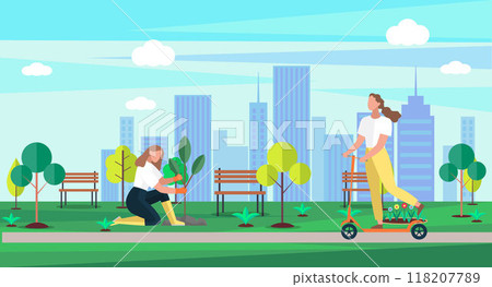 Active walks outdoors. Girl riding kick scooter in park or lawn, gardener takes care of plant. Child on walk actively spends time outdoor. Healthy lifestyle and family walks summer sunny weather 118207789