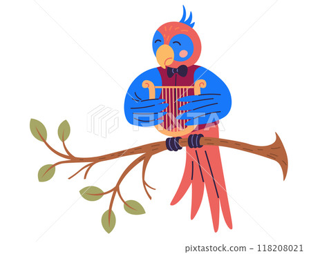 Animal music vector illustration. In enchanted zoo, animals celebrate joyous musical event orchestra melody in animal music festival Happy creatures form. Parrot plays the harp sitting on a branch 118208021