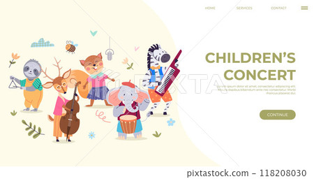 Animal music vector. The animal music concept brings forth magical fairy tale in heart zoo sloth hits triangle, squirrel sings, zebra plays electric piano, elephant plays drums, deer plays cello 118208030