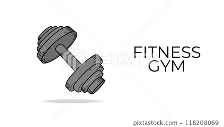 Fitness gym logo with heavy dumbbell with round cylindrical handle. Sport tool, fitness equipment isolated on white background. Poster with dumbbell. Motivational banner for sport and powerlifting Fitness gym logo with heavy dumbbell with round cylindrical handle. Sport tool, fitness equipment isolated on white background. Poster with dumbbell. Motivational banner for sport and powerlifting 118208069