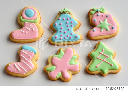 Six Decorated Christmas Cookies with Pink, Green, and Blue Icing Six Decorated Christmas Cookies with Pink, Green, and Blue Icing 118208131