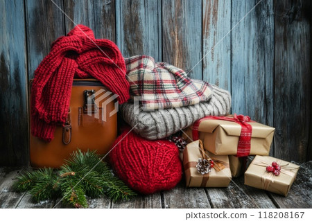 Christmas Presents Wrapped in Brown Paper with Red Ribbons and a Knitted Scarf and Hat 118208167