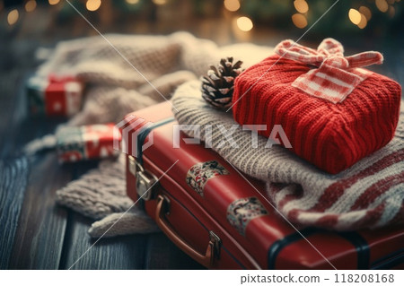 Red Knitted Gift Box on Vintage Suitcase with Christmas Decorations 118208168