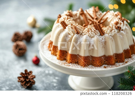 Cinnamon Swirl Cake with White Frosting and Powdered Sugar 118208326