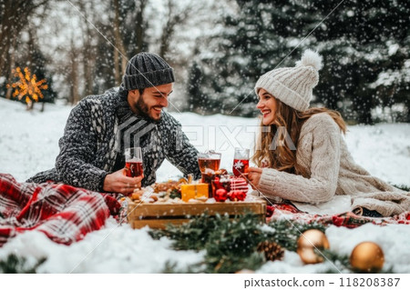 Couple Enjoying Winter Picnic with Hot Drinks and Snacks Couple Enjoying Winter Picnic with Hot Drinks and Snacks 118208387