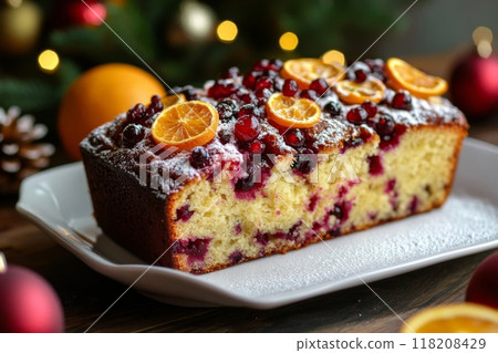 Cranberry Orange Loaf Cake with Powdered Sugar and Slices of Orange 118208429