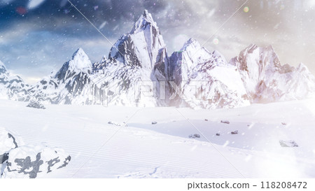 Sunset in the mountains. Beautiful winter background. Descent. Wind and snow dust. Mountains. 3d rendering Sunset in the mountains. Beautiful winter background. Descent. Wind and snow dust. Mountains. 3d rendering 118208472