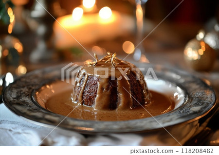 Chocolate Pudding with Caramel Sauce and Gold Flakes Chocolate Pudding with Caramel Sauce and Gold Flakes 118208482