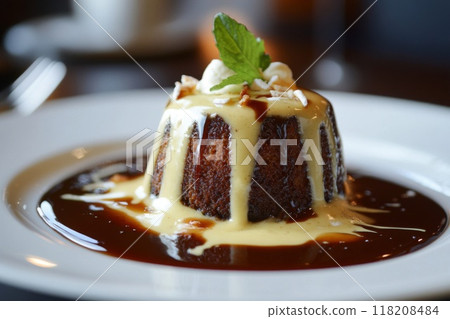Chocolate Cake with Vanilla Sauce and Caramel Drizzle on White Plate Chocolate Cake with Vanilla Sauce and Caramel Drizzle on White Plate 118208484