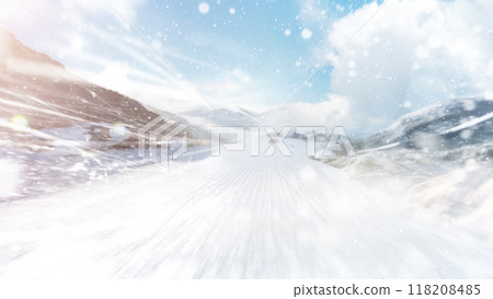 Snow background. Fast descent at high speed. Sunny day in high mountains. Descent. Skiing and snowboarding in the mountains. Snow dust 118208485