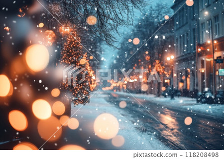 Snowy Night Street with Christmas Lights and Bokeh 118208498