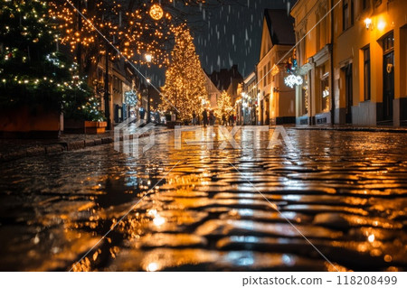 Snowy Night Reflections in a Cobblestone Street with Christmas Lights 118208499